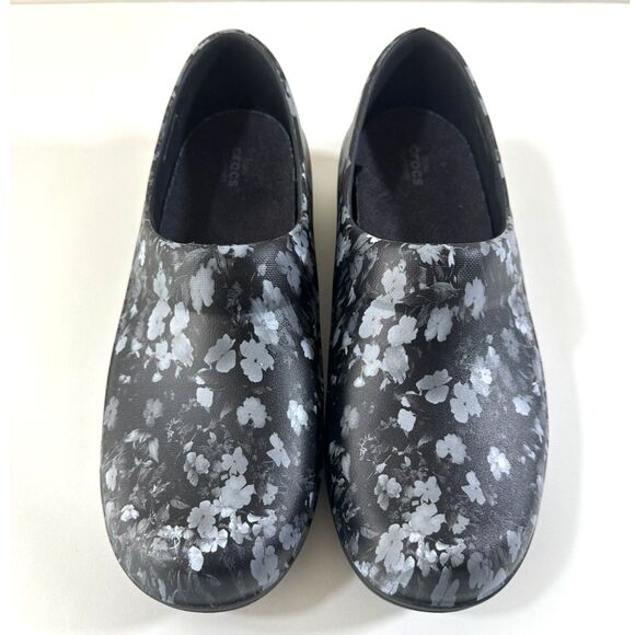 Crocs Women Shoes Size 11 Black & Gray Floral Dual Comfort Nurse Work Clog Mules - Picture 1 of 6